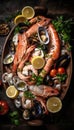 Variety assorted of Greek seafood. Generative AI