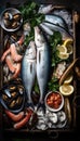 Variety assorted of Greek seafood. Generative AI