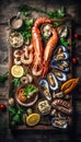 Variety assorted of Greek seafood. Generative AI