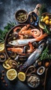 Variety assorted of Greek seafood. Generative AI