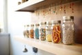 variety of beads in clear jars on a garage cabinet shelf