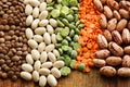 Variety of beans and legumes including brown and red lentils, white haricot beans, red speckled beans and green split peas Royalty Free Stock Photo