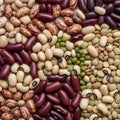 A variety of beans and lentils are displayed in a tightly packed arrangement. The Royalty Free Stock Photo