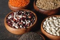 Variety of beans, lentils and oat groats in wooden bowls