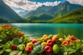 Variety of beautiful plants bearing fruits set by the lake generated by Ai