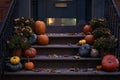 Beautiful Autumn Pumpkin Display on the Stairs to the Entrance of an Old Brownstone Home in Greenwich Village Royalty Free Stock Photo