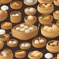 A variety of bite-sized dishes, including dumplings, buns, and rolls, served in bamboo steamers