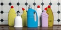 Variety of blank no name plastic bottles with detergents, tiled wall background. 3d illustration