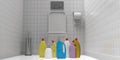 Variety of blank no name plastic bottles with detergents, WC background, 3d illustration