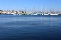 Variety of boats in blue ocean or bay Royalty Free Stock Photo