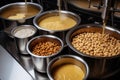 Processing nuts into vegan sauces and cheeses A variety of bowls of nuts are on a counter. AI generation