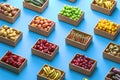 Variety Of Boxes Full Of Fruits And Vegetables on Blue Background. Concept Of Fresh And Healthy Eating. 3d Rendering.