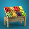 A variety of boxes full of polygonal fruits and vegetables on a blue background. The concept of fresh and healthy food