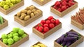 A variety of boxes full of polygonal fruits and vegetables on a white background. The concept of fresh and healthy food