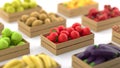 A variety of boxes full of polygonal fruits and vegetables on a white background. The concept of fresh and healthy food