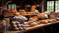 Variety of bread on display at a bakery shop. AI generative