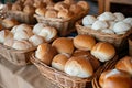 variety of bread rolls in baskets on buffet table Royalty Free Stock Photo