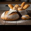 A variety of bread sits on a rustic wooden table. A large, round loaf with a patterned crust is Royalty Free Stock Photo