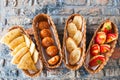 Variety bread snacks in a basket. Top view.