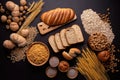 Variety of bread and wheat products on black background. Top view. Generative AI Royalty Free Stock Photo