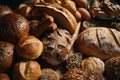 Variety of breads and buns in bakery shop, closeup. Generative AI