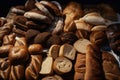 Variety of breads and buns in a bakery shop. Generative AI