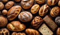 A variety of breads are displayed in this image