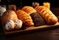 A variety of breads displayed on a rustic wooden tray. A wooden tray topped with lots of different types of bread Royalty Free Stock Photo