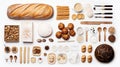 Photo of a delicious assortment of breads and pastries on a pristine white background