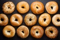 Variety of breakfast bagels arranged beautifully in flat lay photo