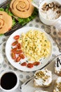 A rich and varied breakfast. Flat lay. Royalty Free Stock Photo