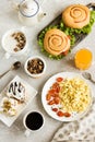 A rich and varied breakfast. Flat lay. Royalty Free Stock Photo