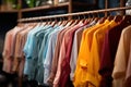 A variety of bright shirts in rainbow colors on hangers in a clothing store.