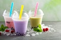 Variety of bubble tea in plastic cups Royalty Free Stock Photo