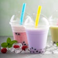 Variety of bubble tea in plastic cups Royalty Free Stock Photo