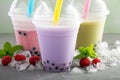 Variety of bubble tea in plastic cups