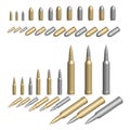 Variety of bullets illustrated in brass silver or steel casings Royalty Free Stock Photo