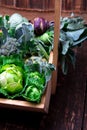 Variety of cabbages in wooden basket on brown background. Harvest. Close up. Royalty Free Stock Photo