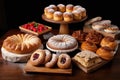 Variety of cakes and pastries on black background. Close up. Generative AI technology.
