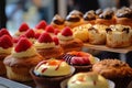 Variety of cakes and pastries on black background. Close up. Generative AI technology.