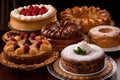 Variety of cakes and pastries on black background. Close up. Generative AI technology.
