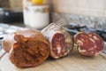 Variety of calabrian sausages: nduja and soppressata Royalty Free Stock Photo