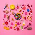 A variety of candies and candy on a pink background. Generative AI image. Royalty Free Stock Photo