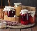 Variety of canned vegetable food: conserved beetroot, tomato paste, preserved bean, jam, pickles on wooden rustic background