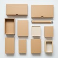 A variety of cardboard packaging items are arranged on a white background. The set Royalty Free Stock Photo