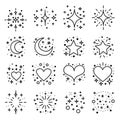Celestial sparkles and shapes collection, black and white sparkling and shining icons set, vector illustration.