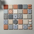 A variety of ceramic tiles arranged in a grid on a light gray surface Royalty Free Stock Photo