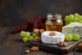 Variety of cheese with grapes, walnuts and honey. Royalty Free Stock Photo