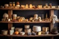 variety of cheese types maturing on oak shelves