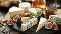 A variety of cheeses displayed on a black plate, showcasing different textures, colors, and flavors